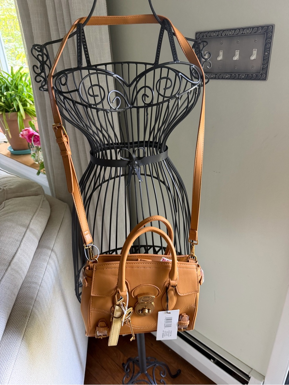 Steve Madden Caramel Tan Leather Satchel with Gold Hardware